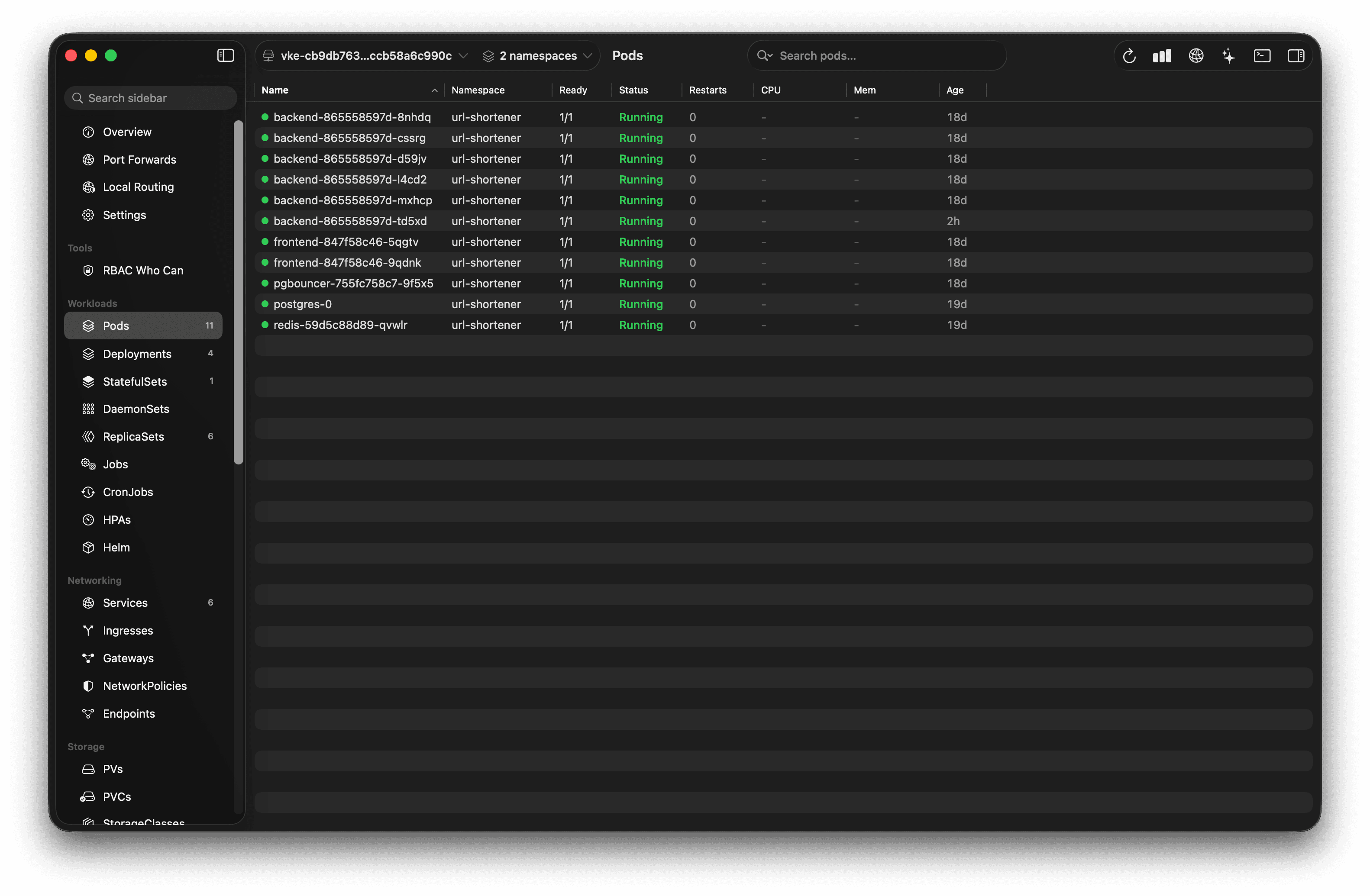 Helmsman — native macOS Kubernetes manager showing pods view